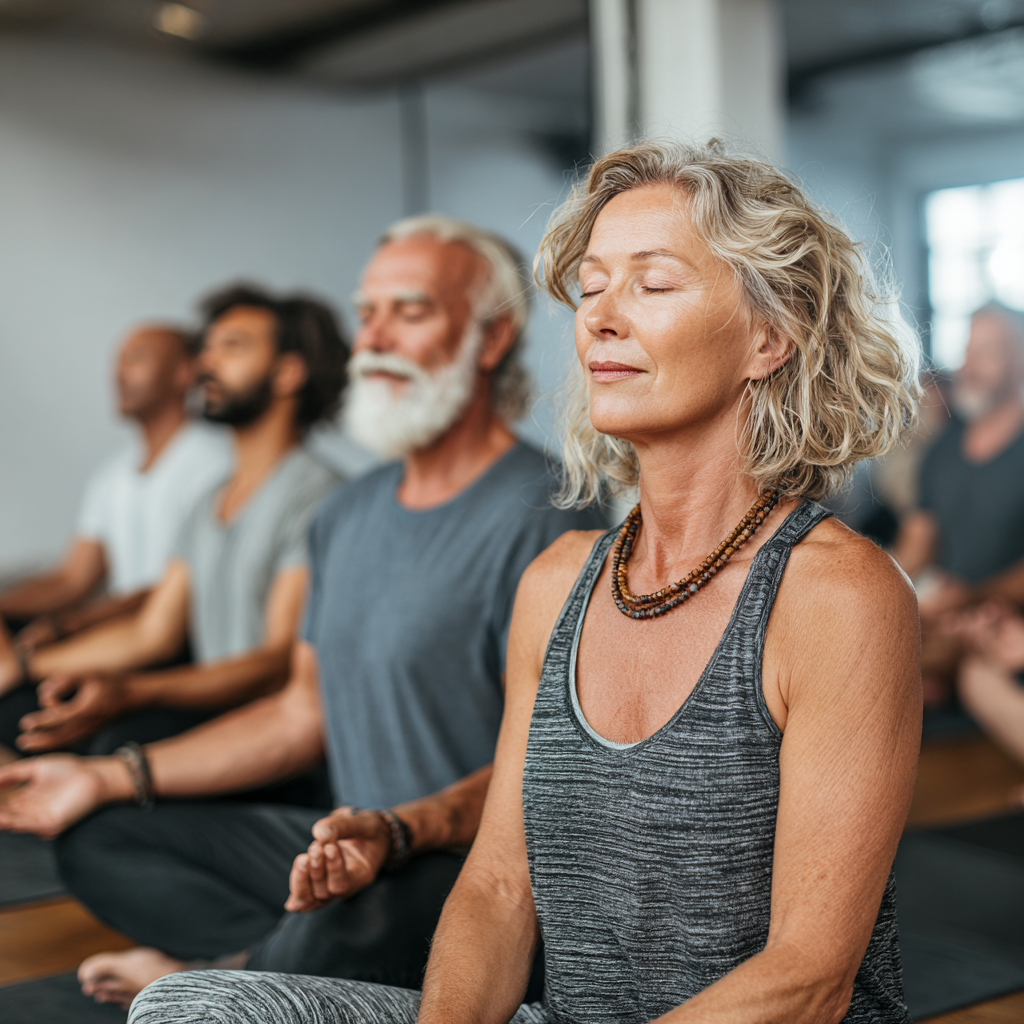 A peaceful yoga class with diverse group of adults aged 45-55 practicing together in a bright studio space, showing community and wellness